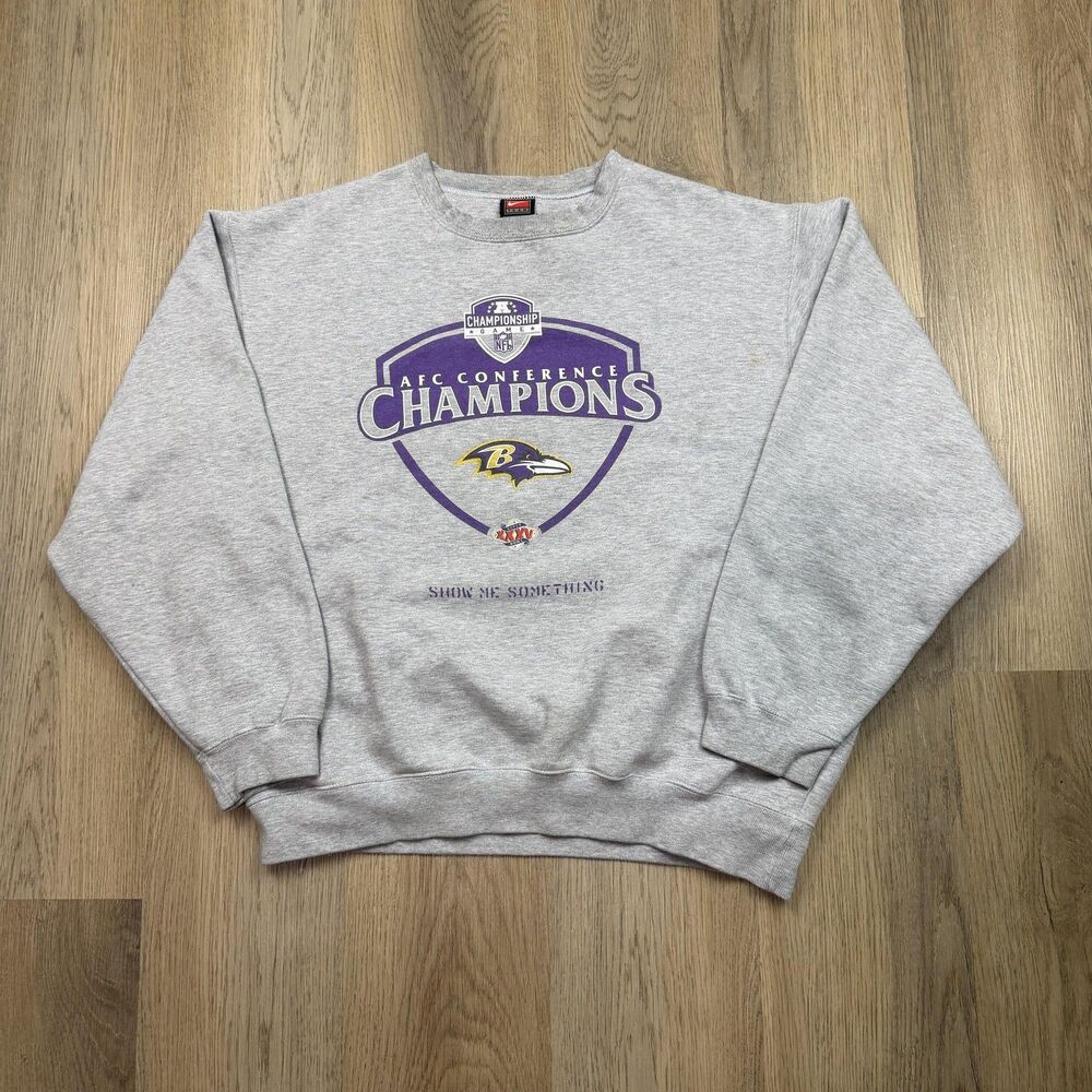 Vintage Baltimore Ravens Sweatshirt Mens Large Gray NFL Football Nike AFC Champs